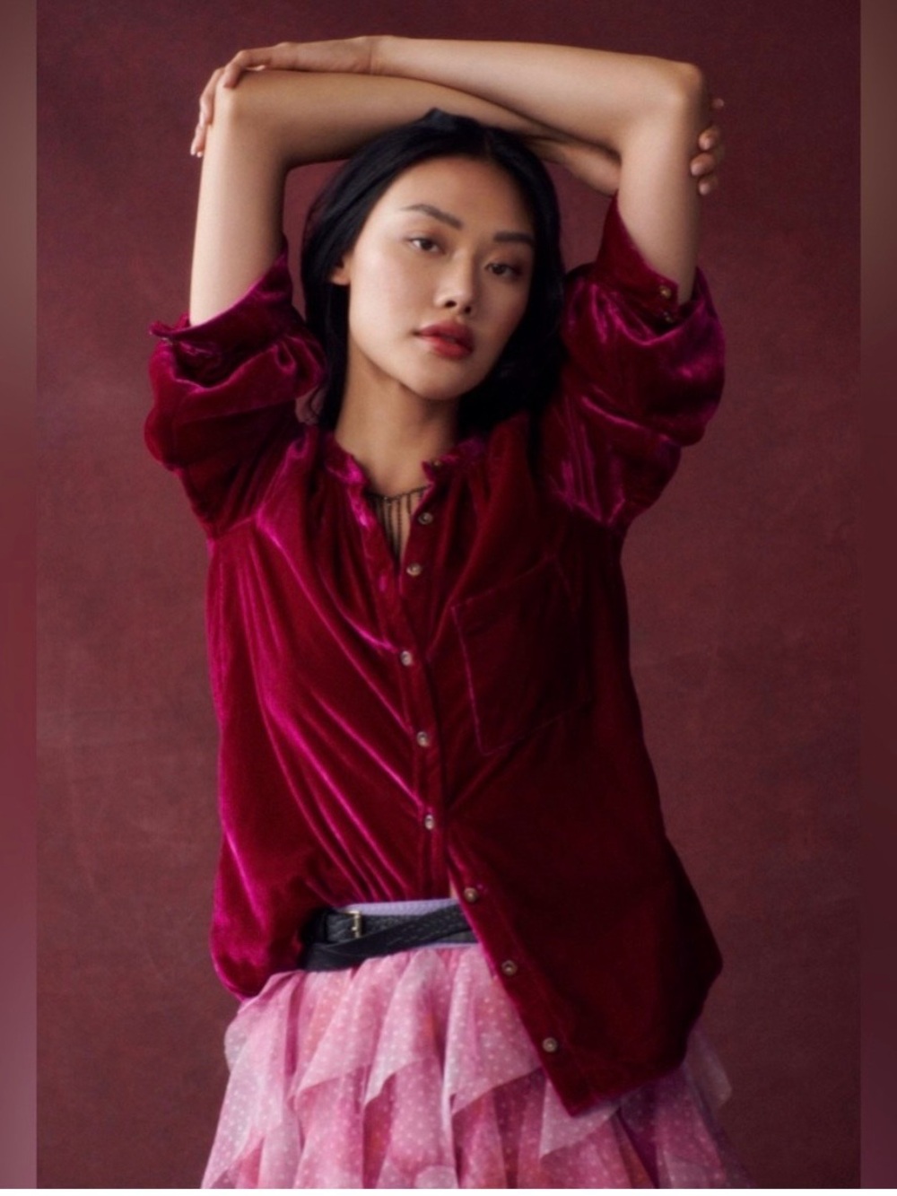 Anthropologie Pilcro Velvet Femme Top S Button Down Pink Blouse Puff Sleeve - Picture 12 of 15